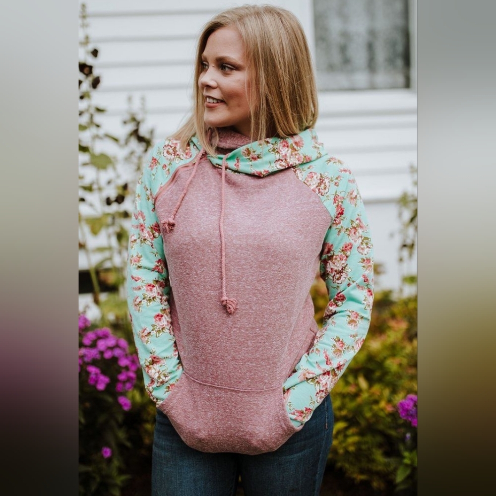 & Floral Sleeve Pink Double Hooded Pullover